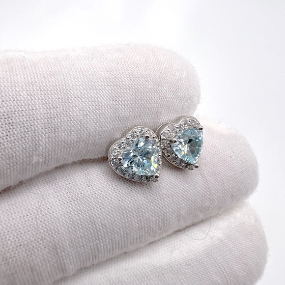 .925 Sterling Silver Aquamarine Cz & Clear Cz Heart Earrings - Picture 15 of 16